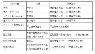 【表】知的財産に応じた法律および保護方法